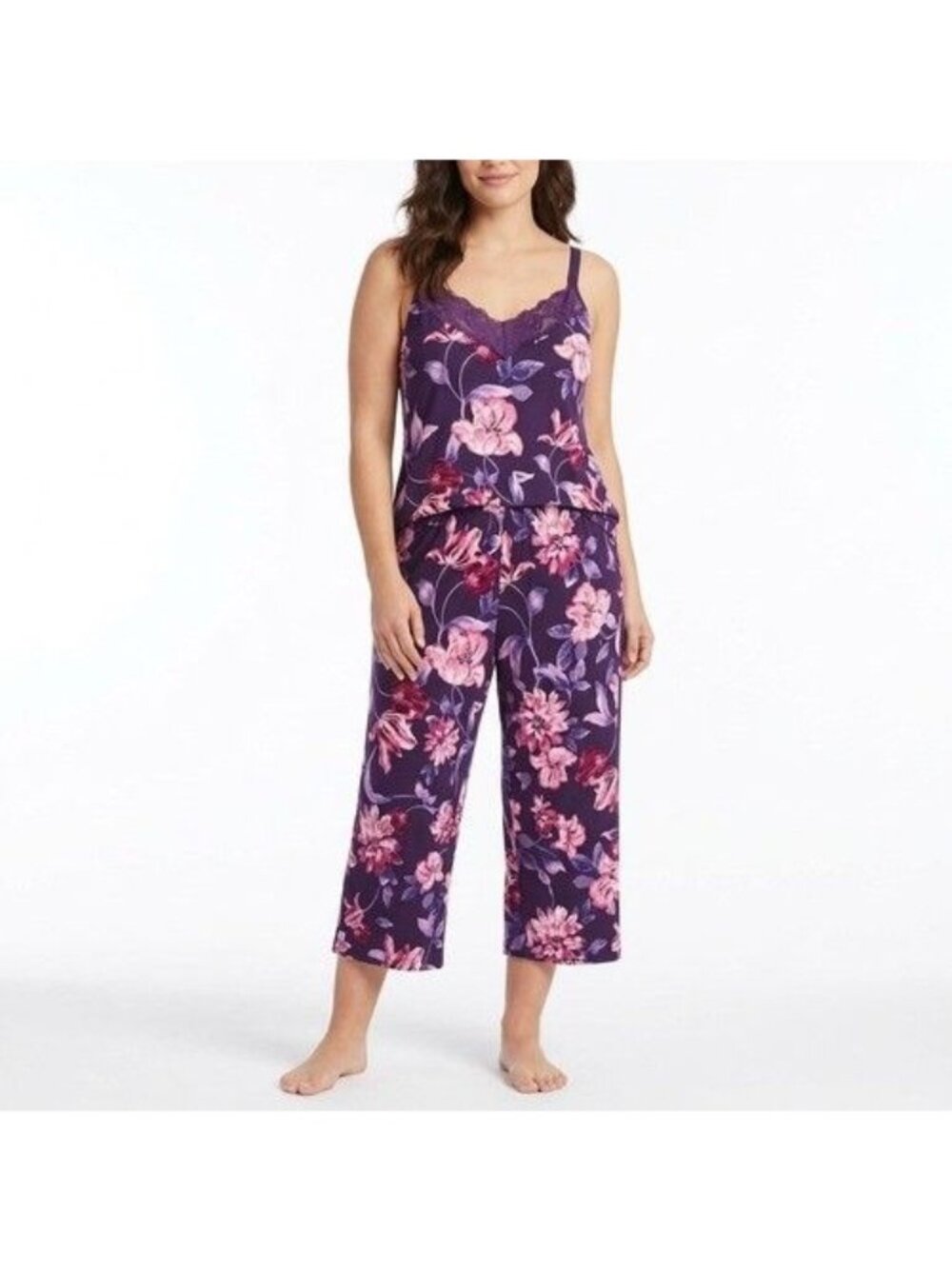 Linea Donatella 2-Pc Knit Pajama Set Eggplant Floral JZN246 - SIZE LARGE NWT